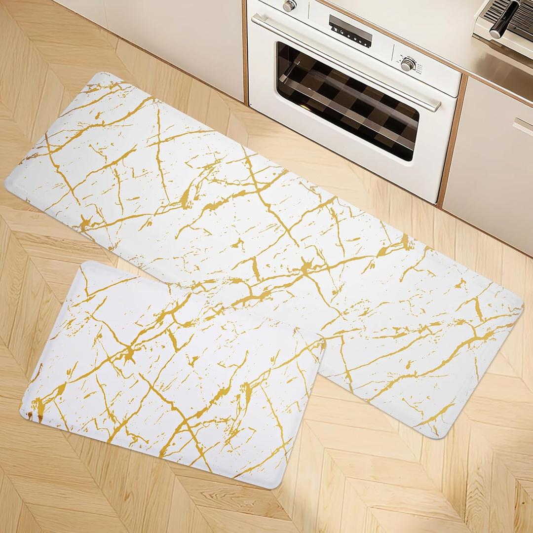 UKISS marbling Kitchen Rugs, Cushioned Kitchen Mats, Anti Fatigue Mat for Floor, Waterproof Kitchen RugNon-Slip Comfort Standing Mat for Kitchen&Office (White, 17.3 x 28 inches+17.3 x 47inches)