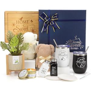 House Warming Gifts New Home, 12 Pcs Housewarming Gifts Basket for New House with Gift Box Packaging, 3D Botanical Greeting Card, Cutting Board for Couple, Closing Gifts for Home Buyers