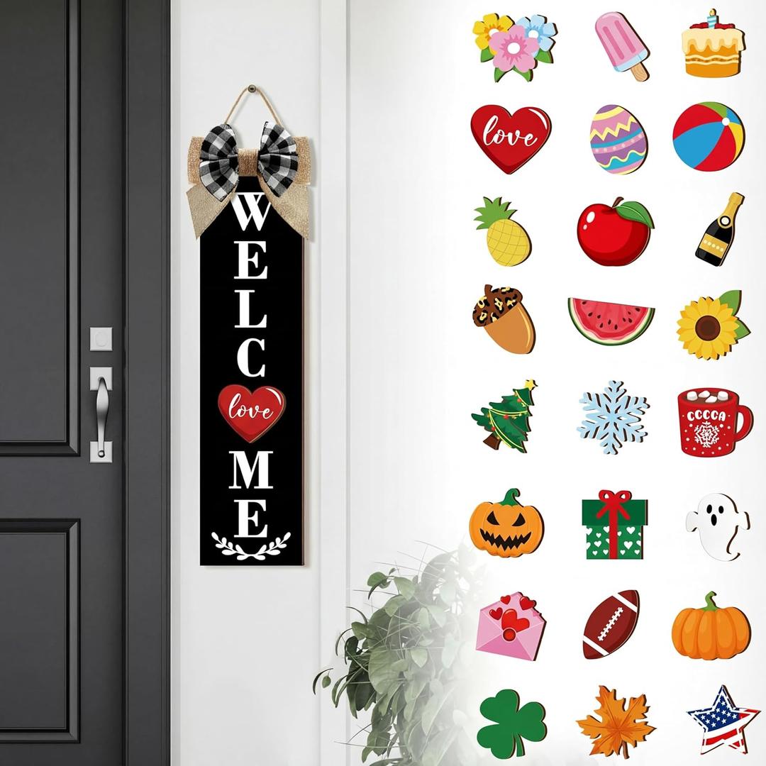Sintuff Holiday Interchangeable Welcome Sign for Front Door Wood Porch Sign with 24 Pcs Seasonal Icons Home Farmhouse Holiday Welcome Outdoor Festival Seasonal Decoration(Black,15.8 Inches)