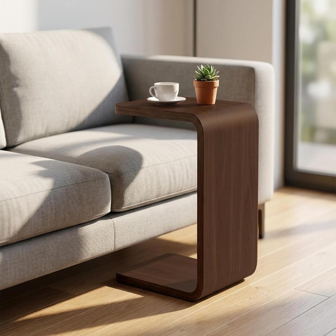C Shaped End Table, Wooden TV Tray Sofa Side Table for Couch | Small Nightstand for Living Room Bedroom Narrow Spaces Office