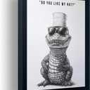 Home Art Framed Bathroom Decoration Wearing Glasses Toilet Paper Hat Crocodile Decoration Interesting Black And White Animal Canvas Print Painting (10"L x 8"W)