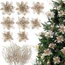 Yinder 48 Pcs Christmas Poinsettia Artificial Flower with Twigs Glitter Christmas Tree Filler Decorations Set for Wreath Table Centerpiece Xmas Wedding Holiday Party Decorations(Champagne)