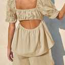 Tankaneo Womens 2 Piece Outfits Summer Square Neck Short Puff Sleeve Babydoll Tops and Shorts Matching Set (Beige, M)