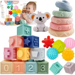 Baby Montessori Sensory Toys for 0-6 6-12 Months, Teething Toys for Babies 0 3 6 9 12 18 Months, Infant, Newborn Rattle Teether, Blocks, Soft Stacking Rings, Ideal Baby Boy Girl Gifts Set