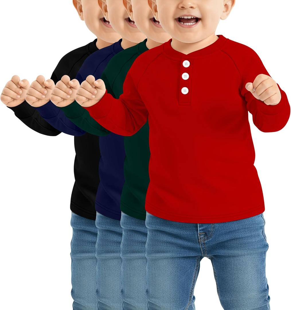4 Pack Toddler Boys Girls Thermal Long Sleeve T-Shirts Henley Undershirt Top Basic Layer Long Sleeve Fleece T-Shirt (Red, Dark Green, Navy Blue, Black)