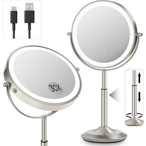 Makeup Mirror with Lights, 1X/30X Lighted Magnifying Mirror Height Adjustable, 3000mAh Rechargeable Double Sided Vanity Mirrors with 3 LED Lighting and Adjustable Brightness for Desk Women Gift (Brushed Nickel)