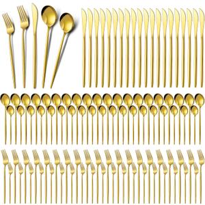 Amyhill 400 Pcs Gold Stainless Steel Utensils Set Party Tableware Flatware Set for 80 Guests Reusable Dinner Cutlery Utensils Tableware for Wedding Anniversary Party Home Restaurant