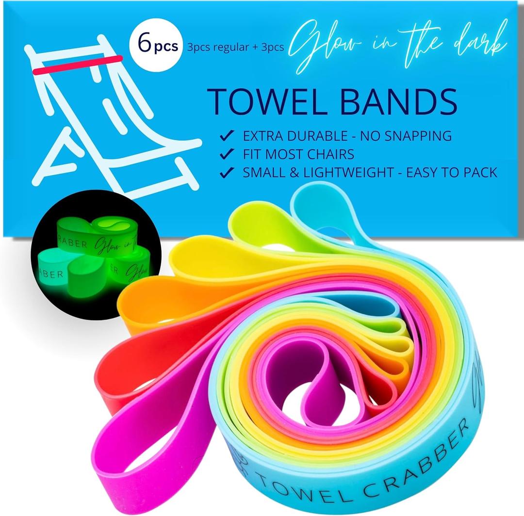 Towel Bands (6-Pack), Beach Pool & Cruise Chairs, Extra Durable, No Snapping, Cruise Ship & Beach Essentials, Great Alternative to Beach Towel Clips (3 Regular + 3 Glow in The Dark (Pink, Orange, Yellow, Green, Blue, Purple)