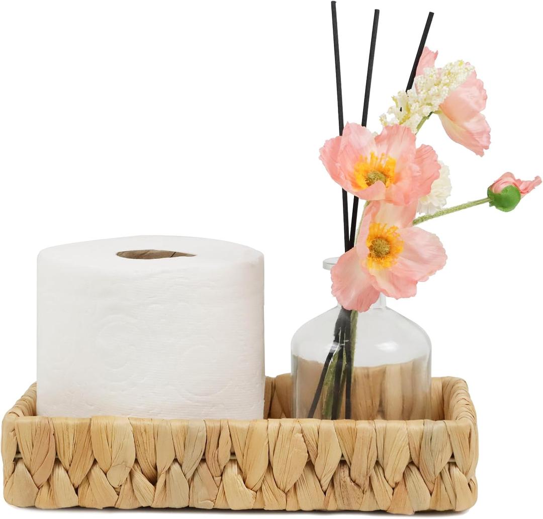 Bathroom Tray Countertop, 10 Inch Water Hyacinth Bathroom Basket, Toilet Tank Bathroom Vanity Tray, Rattan Wicker Tray for Bathroom Decor Coffee Table (Small) (10.1" x 6" x 2")