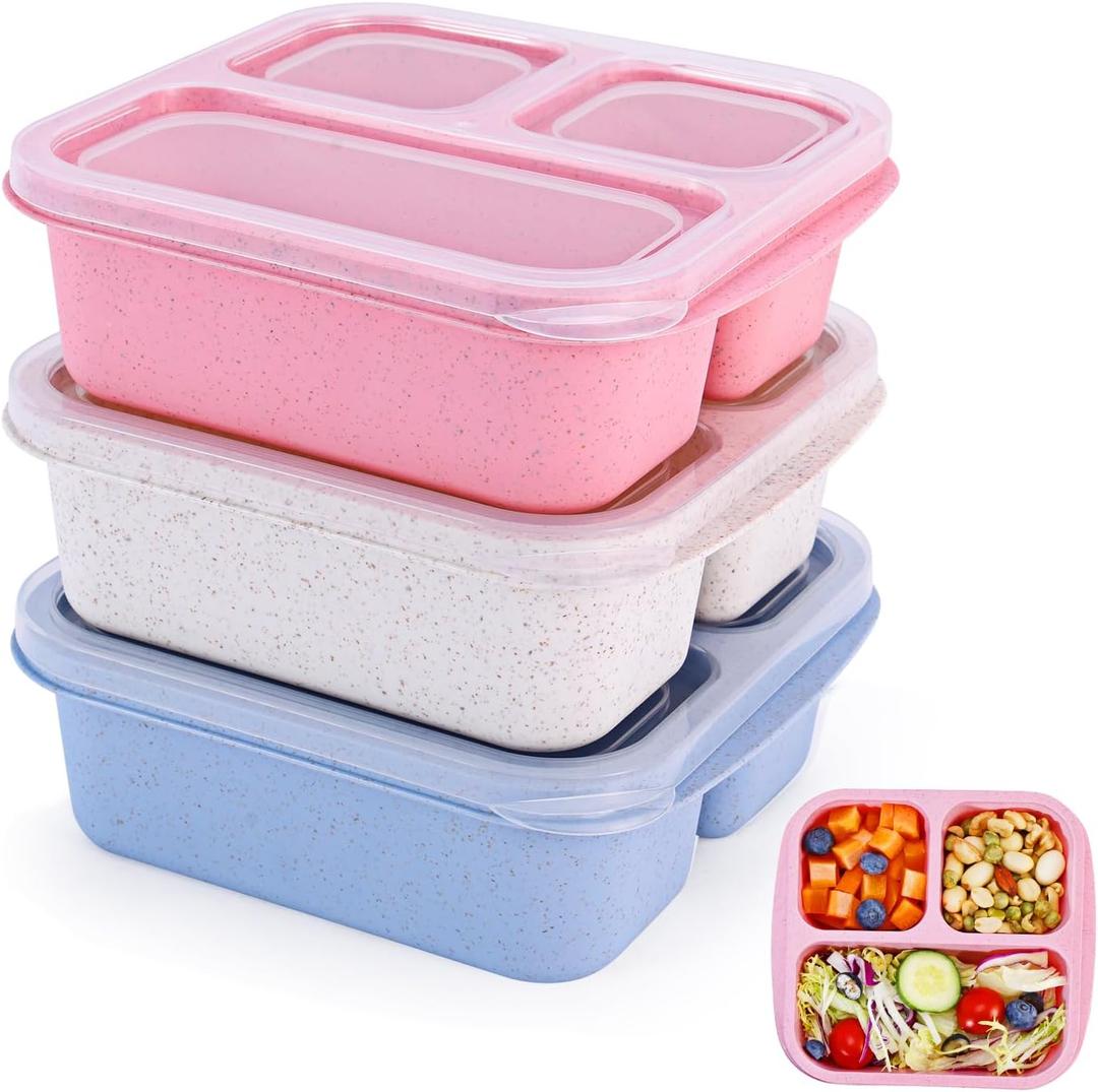 Rinwoc Bento Box [Portion Size], 3 Pack Snack Containers with 3 Compartments for Meal Prep & On-the-Go [School, Travel], Lunchable Container Reusable and BPA-Free (Small)