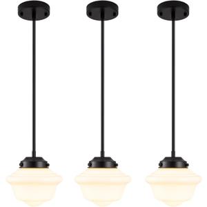 Set of 3 Schoolhouse Pendant Light, 8" Farmhouse Black Pendant Light Ceiling, Milk Glass Lamp, Modern Black Kitchen Over Island for Dinning Room Living Room