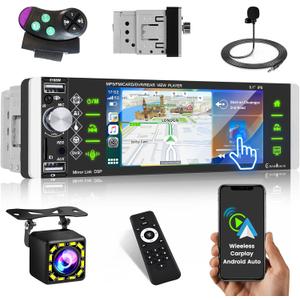 Single Din Touchscreen Car Stereo with Carplay & Android Auto, 5.1 Inch 1 Din Touchscreen Car Stereo with Bluetooth, HD Backup Camera, Phone Mirror Link, AM/FM/RDS, Fast Charging, TF/AUX/USB Input