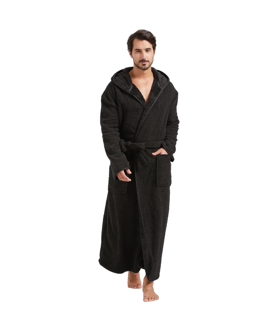FashGudim 400g Mens Plush Robe with Hood Full Length Winter Long Luxury Hooded Bathrobe for Men Big and Tall L/Xl