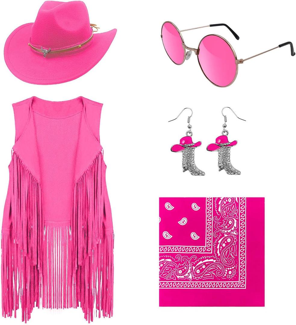 HyperFun Cowgirl Outfits for Women Western Costume Accessories Cowboy Hat Tassels Fringe Vest Earring Hippie Glasses Bandana (XX-Large, Pink)