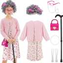 WooWee Kids Girl 100 Days of School Costume, Old Lady Costume for Kids, Halloween Cosplay Dress Up (3-5y, Pink)
