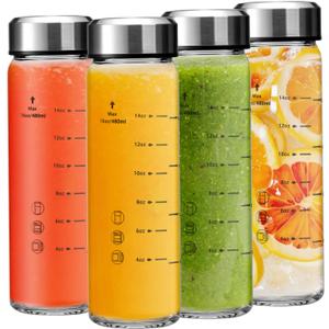 16oz Juice Bottles - 4 Pack Wide Mouth Glass Bottles with Lids- BPA Free, Stainless Steel Lids for Juicing, Smoothies, Infused Water, Beverage Storage - Leakproof, Borosilicate, Clear