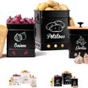Potato Onion Garlic Storage Set of 3 Ventilated Iron Canisters with Bamboo Lids - Potato and Onion Storage Bin for Pantry - Kitchen Vegetable Storage Containers - Cute Metal Vegetable Bin Set of 3