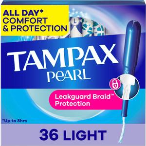 Tampax Pearl Tampons for Women, with LeakGuard Braid, Light Absorbency, Unscented, 36 Count