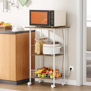 Microwave Cart with Storage, 3-Tier Rolling Kitchen Stand with Basket, Wood and Metal Utility Cart on Wheels, Coffee Bar Station, Small Bakers Rack As Kitchen Island, Microwave Shelf Organizer, White