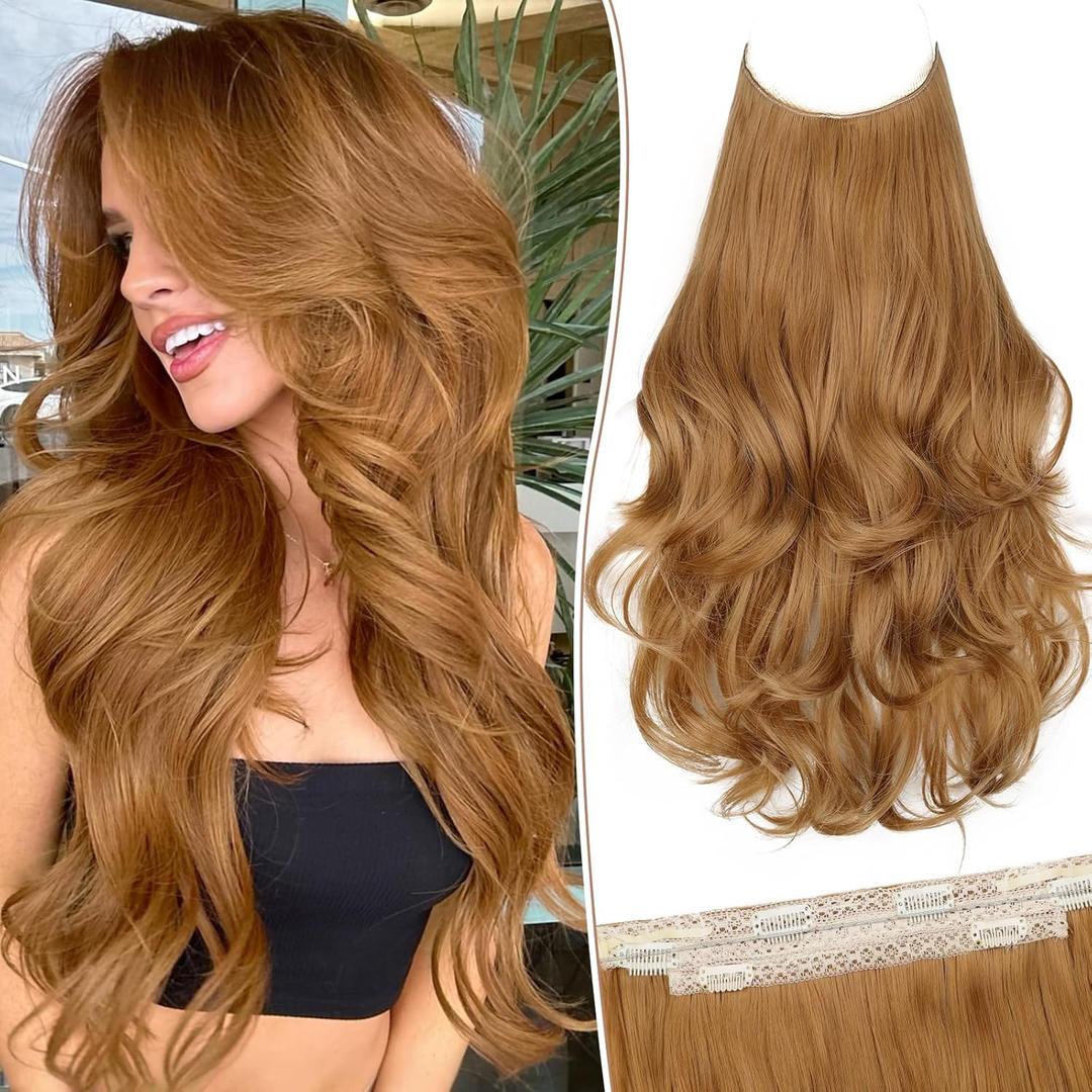 KooKaStyle Invisible Wire Hair Extensions Long Wavy Layered Synthetic Hair Extensions with Transparent Wire Adjustable Size 6 Secure Clips Strawberry Blonde Hairpieces for Women 20 Inch