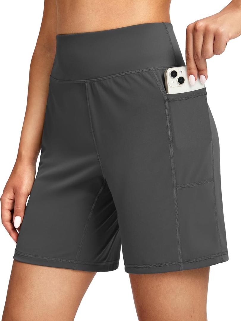 G Gradual Women's 7'' Athletic Long Shorts with Pockets High Waisted Stretch Bermuda Shorts for Women Walking Workout Casual L