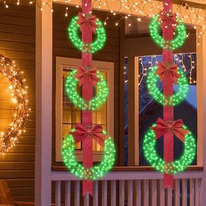 Hmlinktt 3-Piece Outdoor Lighted Christmas Wreath, 61"L Christmas Wreaths with 3 Red Bow & 300 LED Lights, Christmas Wreaths for Front Door with Hook, Wreath Decorations for Home Yard, Green, Set of 2