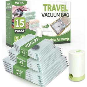 15 Packs Vacuum Bags for Travel with Rechargeable air Pump, 3 Sizes Vacuum Seal Bags for Clothing, Space-Saving Compression Storage Bags for Travel & Closet Organization