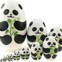 Winterworm Cute Animal Theme Black and White Panda Egg Shape Wooden Handmade Nesting Dolls Matryoshka Dolls Set 10 Pieces for Kids Toy Birthday Home Kids Room Decoration