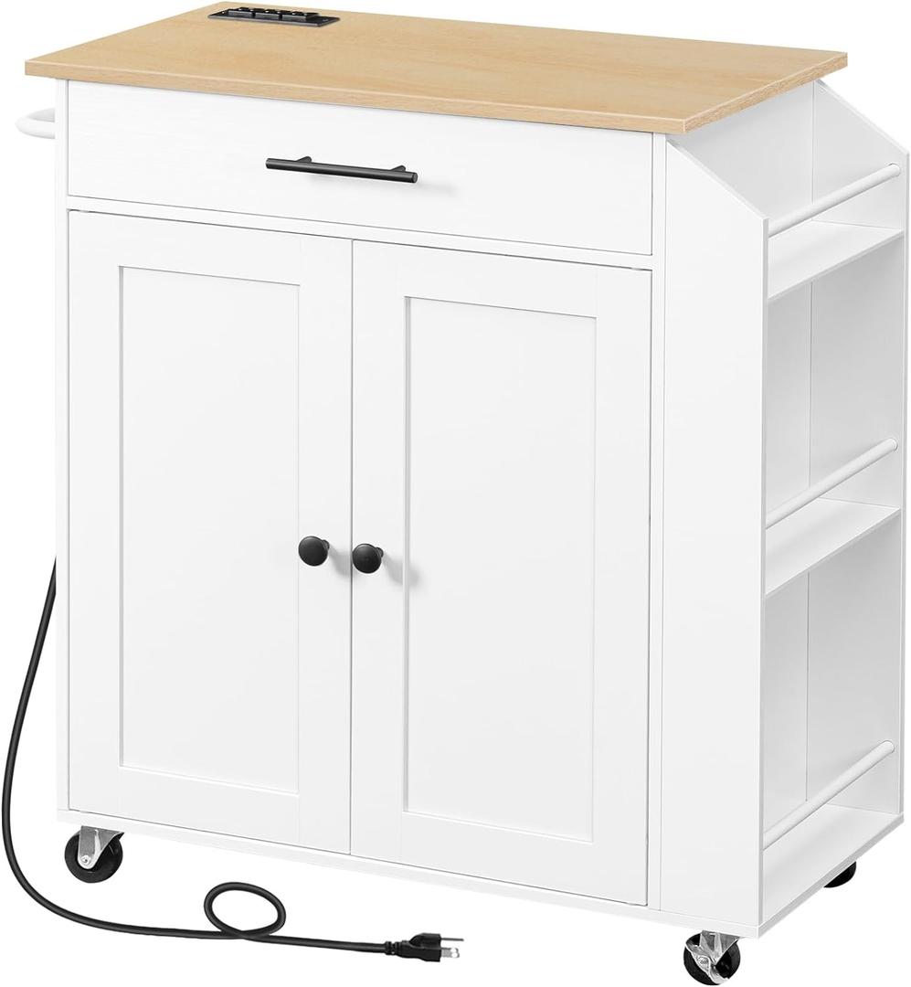 HOOBRO Kitchen Island with Power Outlet, Kitchen Storage Island with Spice Rack and Drawer, Rolling Kitchen on Wheels, for Home, Dining Room, Natural and White WN82UZD01G1