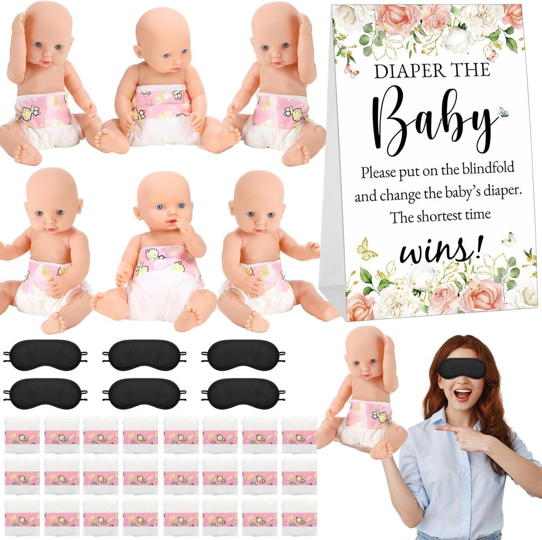 37 Pcs Baby Shower Diaper Changing Game Supplies Including Dolls Blindfold Diapers Cardboard Sign Baby Changing Diaper Race Game Set for Gender Reveal Party (Warmth)