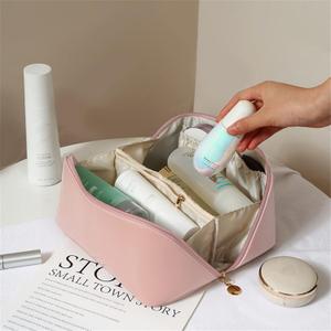 Lunarsoft Leather Makeup Bag,Pink Large Cosmetic Case with Dividers & Handle, Water-Resistant Lining, Multi-Pockets, Portable Toiletry Bag Organizer,Packing Underwear Organizer Bag