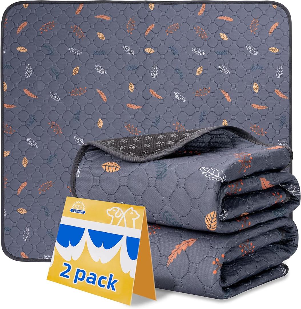 Sunheir Washable Pee Pads for Dogs , Thick Heavy Absorbency Reusable, Prevent Leakage, Waterproof , Non-Slip Pee Pads for Puppy Playpen, Crate, Whelping Box, Potty Training, Grey, 2 packs, 46" x 24" Leaves - Deep Grey