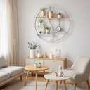 Round Wall Shelf,24 inch Metal Circle Wood Floating Shelves,Rustic White Wall Mounted Display Organizer Shelf for Fireplace,Living Room,Bathroom