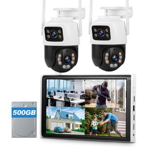 Fuers 5MP Wireless Security Camera System with 10" LCD Monitor Built in NVR, 2pcs 6MP Dual Lens 2.4G&5G WiFi Dual Lens Camera, 2-Way Audio, Color Night Vision, Auto Tracking,24/7 Record,500GB HDD