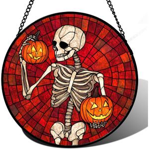 Stained Glass Window Hanging - Halloween Decorations Skeleton Pumpkin Suncatcher for Doors Garden Indoor Spooky Funny Sun Catchers Gothic Decor Horror Gifts for Women Men Friend 7.8 in (Red)