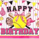 72x43inch Pink Softball Happy Birthday Backdrop Watercolor Bowler Yellow Star Sports Themed Photography Background Girls Kids Teens Party Decoration Photo Props