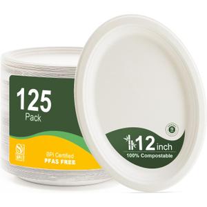 100% Compostable Oval Paper Plates 12 Inch, 125-Pack Large Heavy Duty Paper Plates Bulk, Biodegradable Bagasse, Eco-Friendly Disposable Dinner Plate for BBQ, Picnic, Party (BPI Certified, Microwaveable)