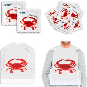 Nonley 60/100 Pack Crab Bib + Wet Wipe Set, Disposable Plastic Crawfish Bibs for Adults Seafood Boil Party Supplies