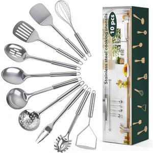 10 Pcs Cooking Utensils Set, Stainless Steel Kitchen Utensils, Heat Resistant Metal Kitchen Tools Include Solid & Slotted Spatula, Spoon, Ladle, Pasta Server,Potato Maseher,Egg Whisk,Meat Fork, Silver