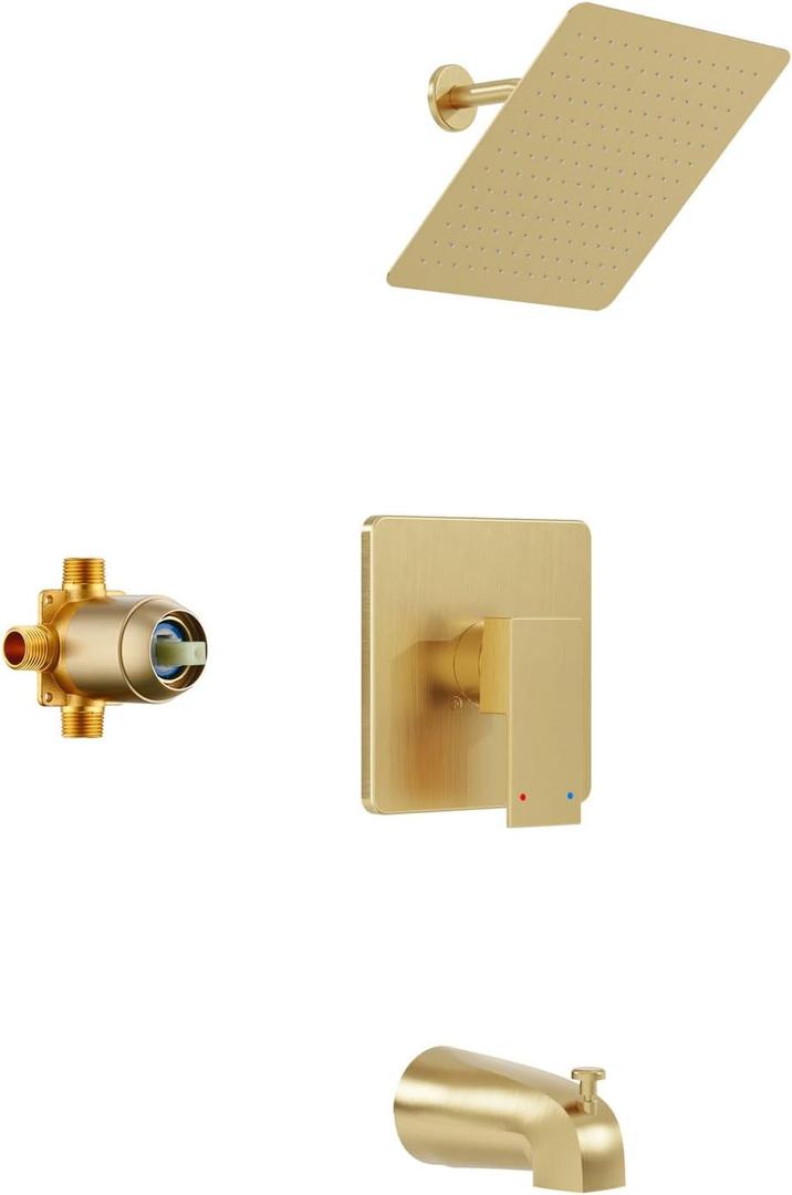 Shower Faucet Set, Gold Tub Shower Faucet with All-Metal 8-Inch Rainfall Showerhead and Bathtub Spout, Single-Handle Tub Shower-Trim Kit with Valve, Brushed Gold