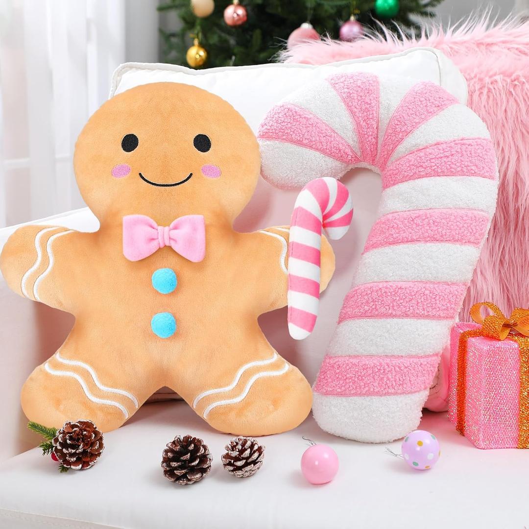 Yalikop 2 Pcs Christmas Gingerbread Man Cane Pillow Christmas Plush Throw Pillow Decorations Couch Sofa Decor Plush Stuffed for Home Winter Holiday Party Decoration (Pastel)