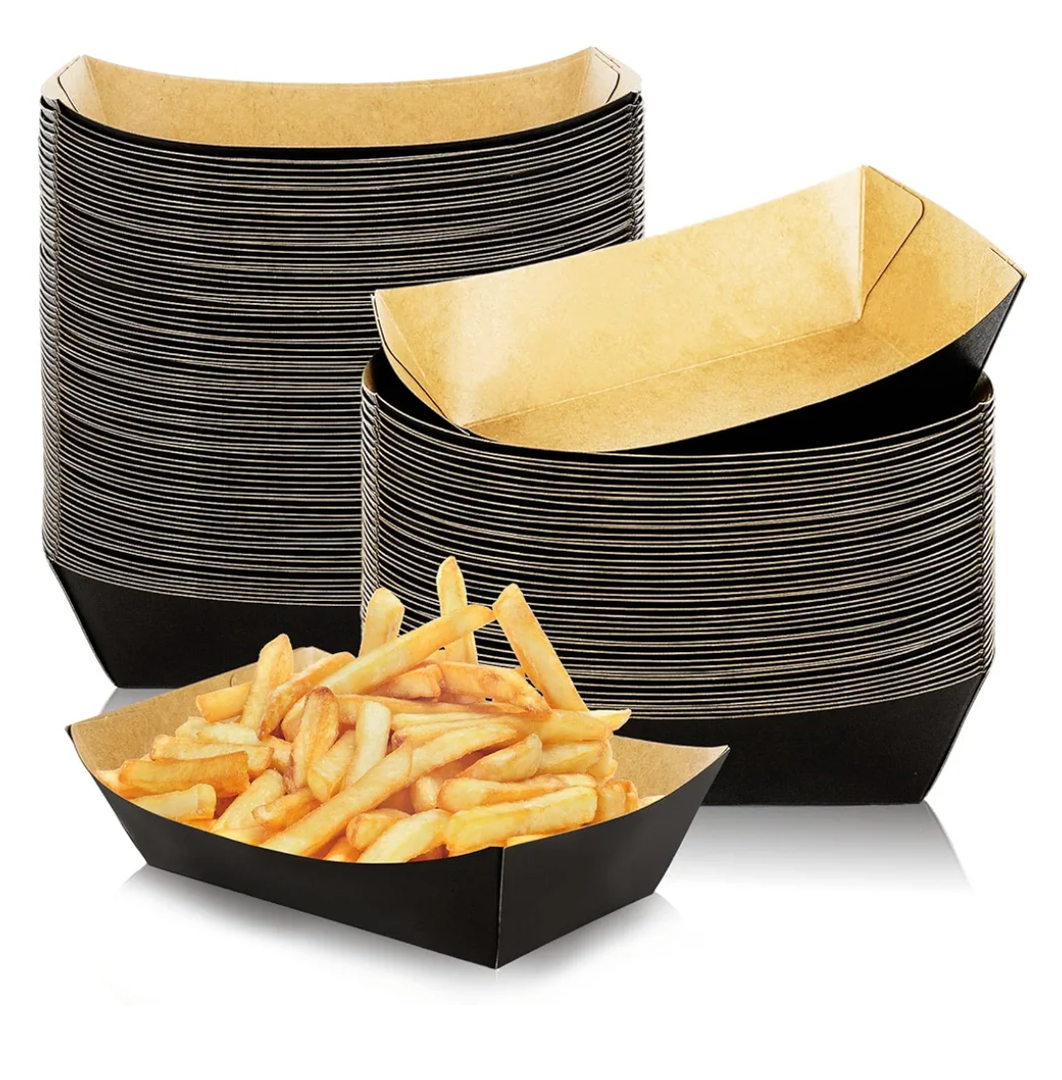 100Pcs Disposable Paper Food Trays Black Paper Food Boat 1lb - Grease-Resistant Paper Food Serving Boats for Christmas Appetizers Parties Carnivals Concession Stand Supplies French Fry Holder