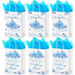 Yexiya 24 Set Thanksgiving Baby Shower Gifts Bags Bulk Fall a Little Pumpkin Is on The Way Bags with Tissue Paper Autumn Baby Shower Gender Reveal Thanksgiving Party Supplies Decorations (Blue)