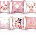 Pink Christmas Decorations Pillow Covers 18x18 Set of 6 Pink Santa Snowman Snowflake Merry Christmas Tree Winter Snow Reindeer Holiday Pillow Decorative Throw Cushion Case for Sofa