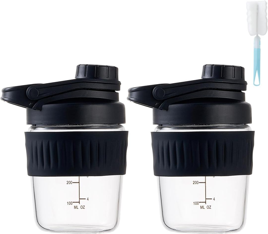 12oz Glass Shaker Bottle for Protein, 2 Pack Small Borosilicate Glass Protein Powder Leak-Proof Shaker Cup Mixes with 304 Blending Ball(12oz,Black)