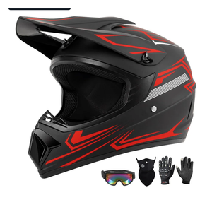 Youth Kids Dirt Bike Motocross Helmet (Goggles Gloves Face Mask) 4PCS Set, DOT Approved Boys Girls Full Face Motorcycle Helmets, ATV BMX MX Mountain Bike Off Road Kid Helmet (Red, M)