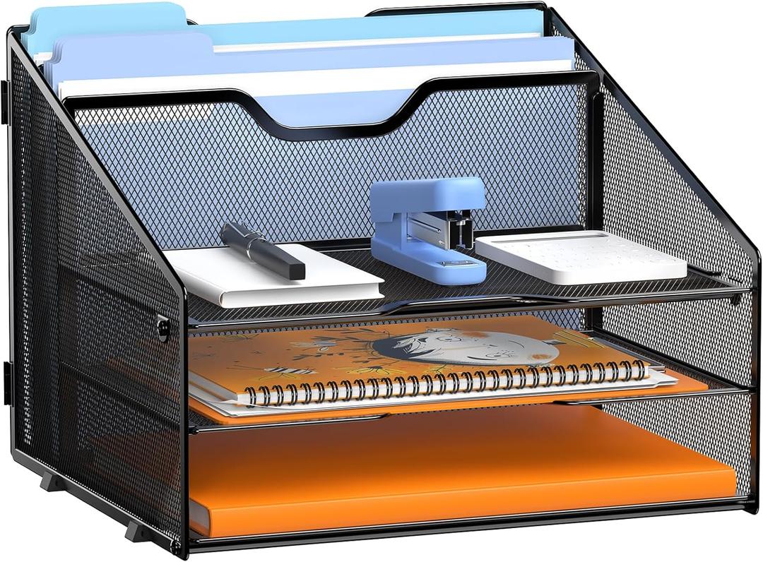 GAWERK Letter Tray Organizer, Mesh Desk File Organizer with 3 Paper Trays and 2 Vertical Upright Section, Blank