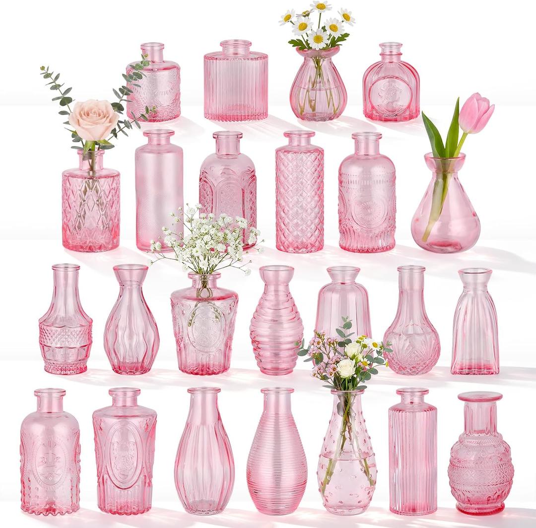 BEAHOT 24 Pack Pink Bud Vases in Bulk,Mini Glass Vintage Vases for Centerpieces,Wedding Decor, Small Flower Vases for Party & Home Decaration,Mother's Day (Pink)