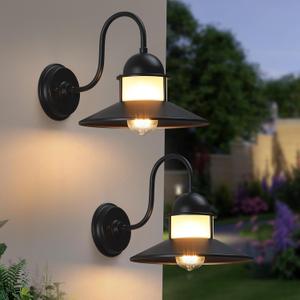 Gooseneck Outdoor Light Fixtures 2-Pack, 10 inch Black Exterior Wall Sconce, Farmhouse Barn Lighting for Porch, Industrial Garage Entryway Patio, Waterproof Rustic Metal