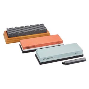 Amazon Basics Whetstone Knife Sharpening Stone Set, Double-sided 400/1000 and 3000/8000 Grit Stones, Flattening Stone with Angle Guide, Non-Slip Bamboo Base, 3 Count, Black & Grey